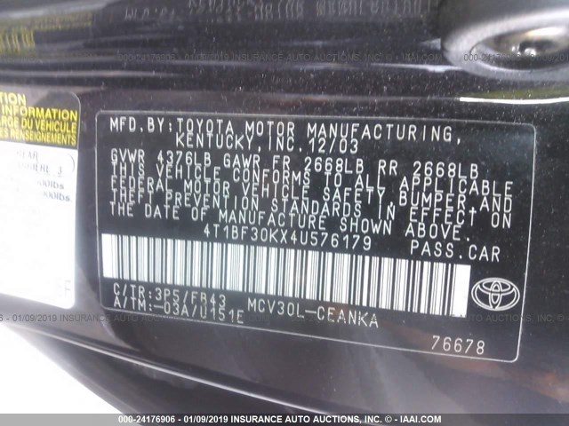 4T1BF30KX4U576179 - 2004 TOYOTA CAMRY LE/XLE/SE BLACK photo 9