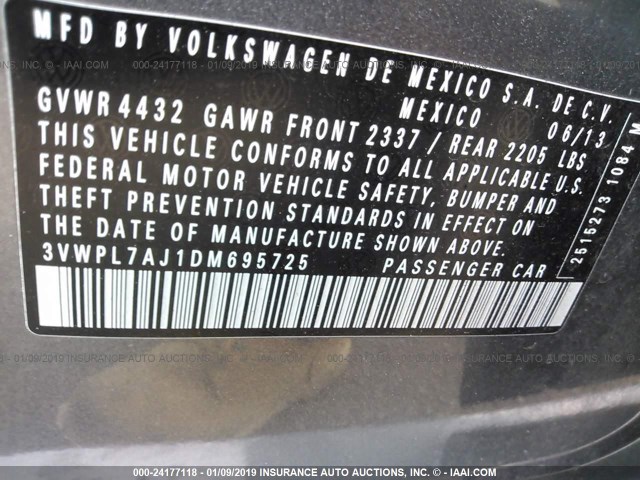 3VWPL7AJ1DM695725 - 2013 VOLKSWAGEN JETTA TDI GRAY photo 9