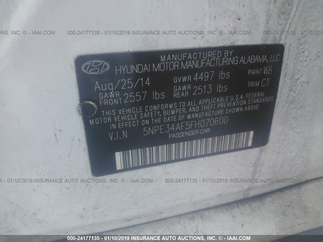 5NPE34AF5FH070600 - 2015 HYUNDAI SONATA SPORT/LIMITED WHITE photo 9