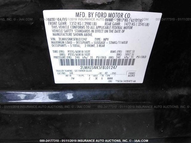 2LMHJ5NK5FBL01247 - 2015 LINCOLN MKT BLACK photo 9