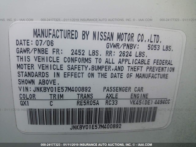 JNKBY01E57M400892 - 2007 INFINITI M45 SPORT WHITE photo 9