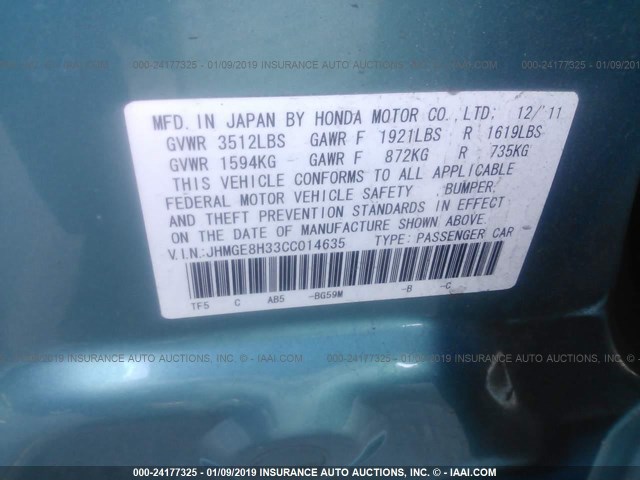 JHMGE8H33CC014635 - 2012 HONDA FIT TEAL photo 9