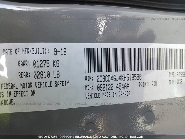 2C3CDXGJXKH519598 - 2019 DODGE 4 DOOR  GRAY photo 9