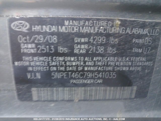 5NPET46C79H541035 - 2009 HYUNDAI SONATA GLS GRAY photo 9