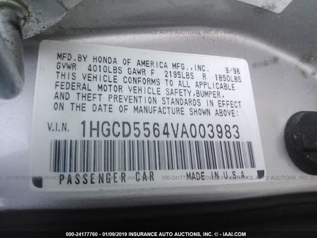 1HGCD5564VA003983 - 1997 HONDA ACCORD EX/EX-R SILVER photo 9