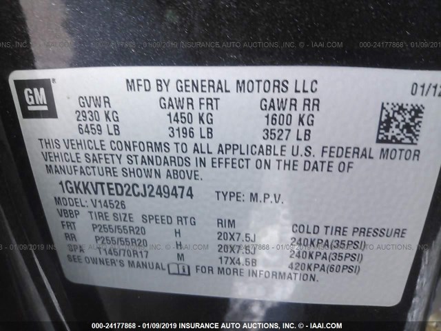 1GKKVTED2CJ249474 - 2012 GMC ACADIA DENALI BLACK photo 9