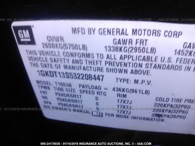 1GKDT13S532208447 - 2003 GMC ENVOY BLACK photo 9