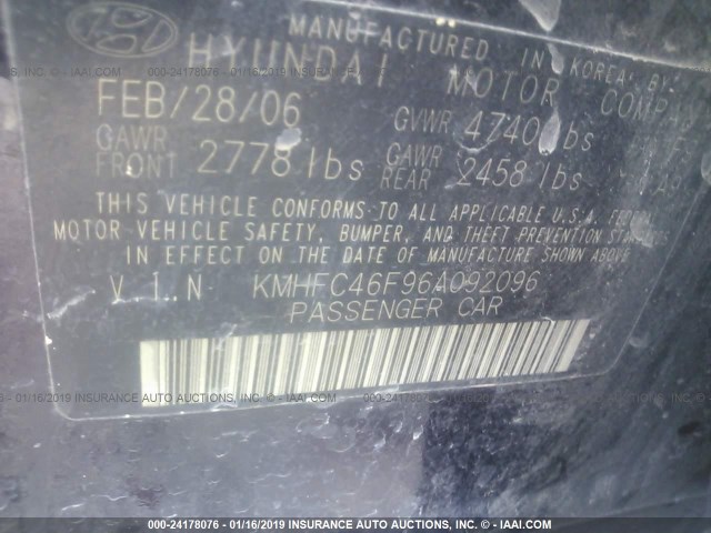 KMHFC46F96A092096 - 2006 HYUNDAI AZERA SE/LIMITED PURPLE photo 9