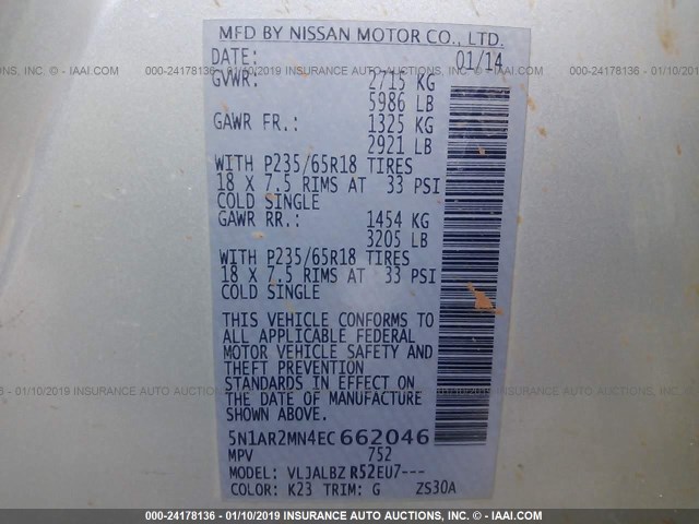 5N1AR2MN4EC662046 - 2014 NISSAN PATHFINDER S/SV/SL/PLATINUM SILVER photo 9