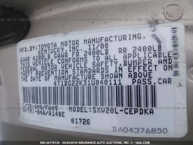 4T1BG22K31U040111 - 2001 TOYOTA CAMRY CE/LE/XLE 金色 照片 9