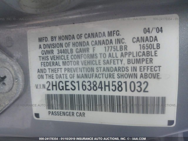 2HGES16384H581032 - 2004 HONDA CIVIC DX VP Gümüş foto 9