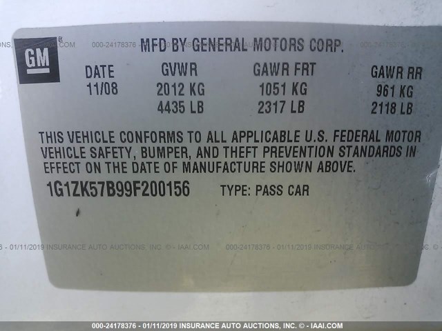 1G1ZK57B99F200156 - 2009 CHEVROLET MALIBU LTZ თეთრი ფოტო 9