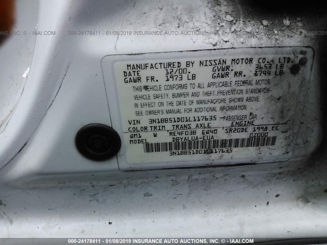 3N1BB51D01L117635 - 2001 NISSAN SENTRA SE WHITE photo 9