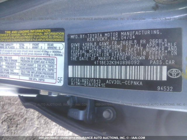 4T1BE32K94U896092 - 2004 TOYOTA CAMRY LE/XLE/SE BLUE photo 9