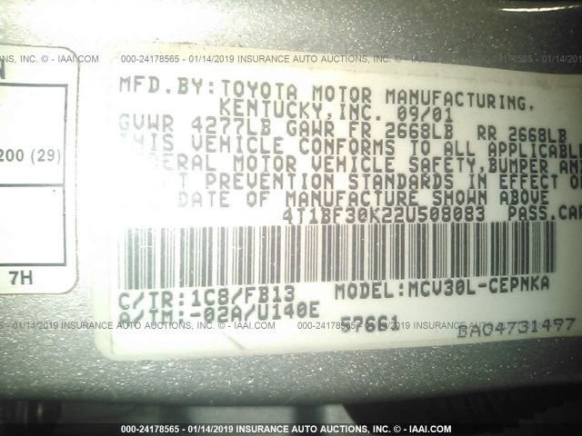 4T1BF30K22U508083 - 2002 TOYOTA CAMRY LE/XLE/SE SILVER photo 9