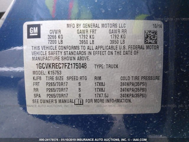 1GCVKREC7FZ175048 - 2015 CHEVROLET SILVERADO K1500 LT BLUE photo 9