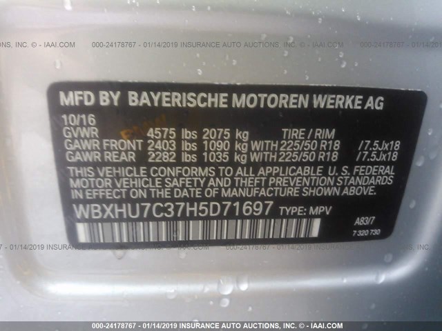 WBXHU7C37H5D71697 - 2017 BMW X1 SDRIVE28I GRAY photo 9