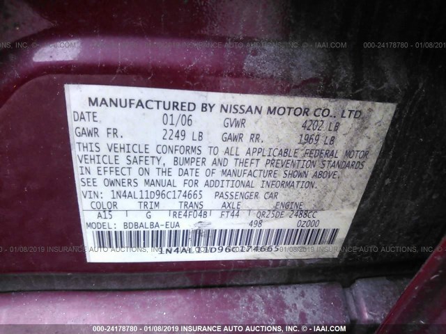 1N4AL11D96C174665 - 2006 NISSAN ALTIMA S/SL RED photo 9