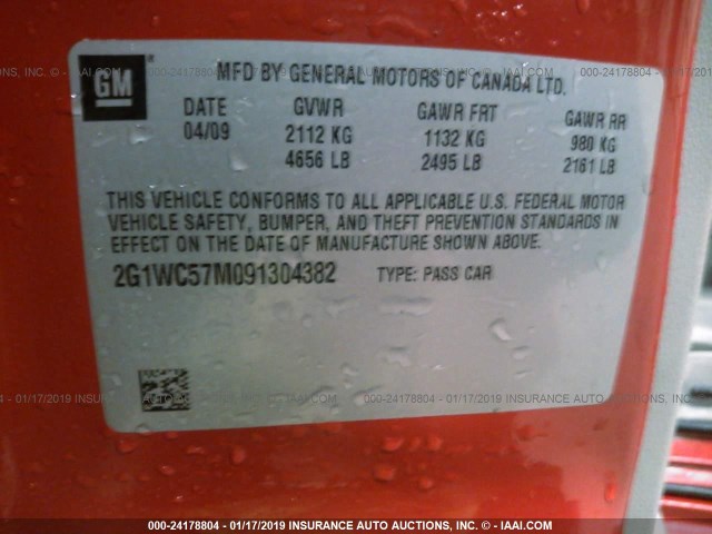 2G1WC57M091304382 - 2009 CHEVROLET IMPALA 2LT RED photo 9