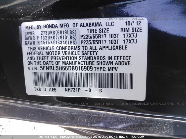 5FNRL5H66DB016909 - 2013 HONDA ODYSSEY EXL BLACK photo 9