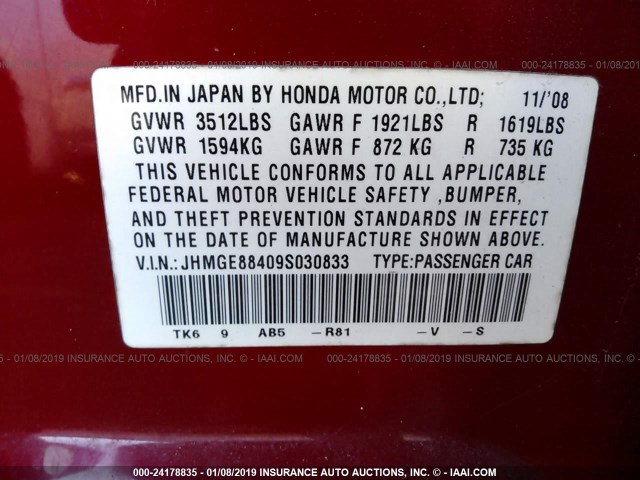 JHMGE88409S030833 - 2009 HONDA FIT SPORT RED photo 9