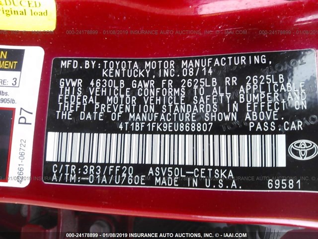 4T1BF1FK9EU868807 - 2014 TOYOTA CAMRY L/SE/LE/XLE 红色 照片 9