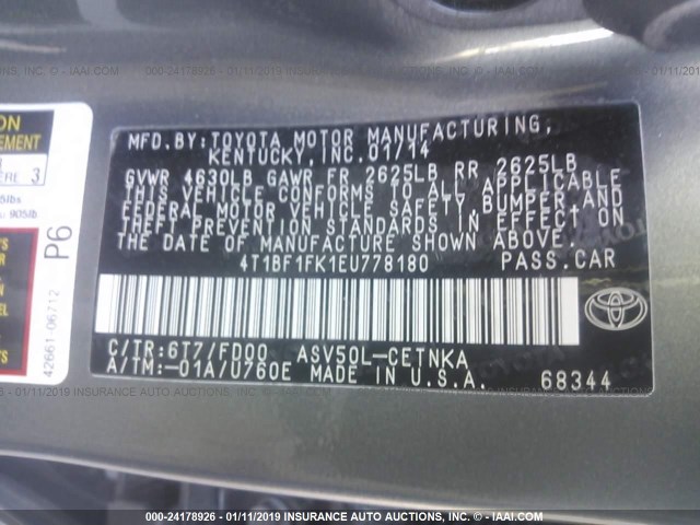 4T1BF1FK1EU778180 - 2014 TOYOTA CAMRY L/SE/LE/XLE GREEN photo 9