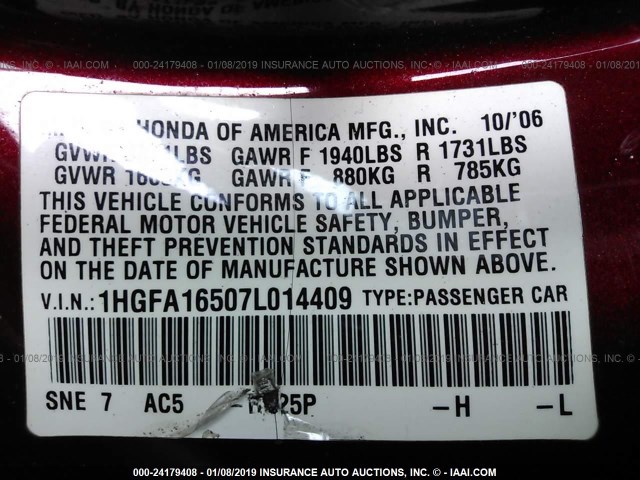 1HGFA16507L014409 - 2007 HONDA CIVIC LX 红色 照片 9