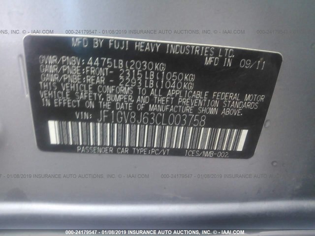 JF1GV8J63CL003758 - 2012 SUBARU IMPREZA WRX STI SILVER photo 9