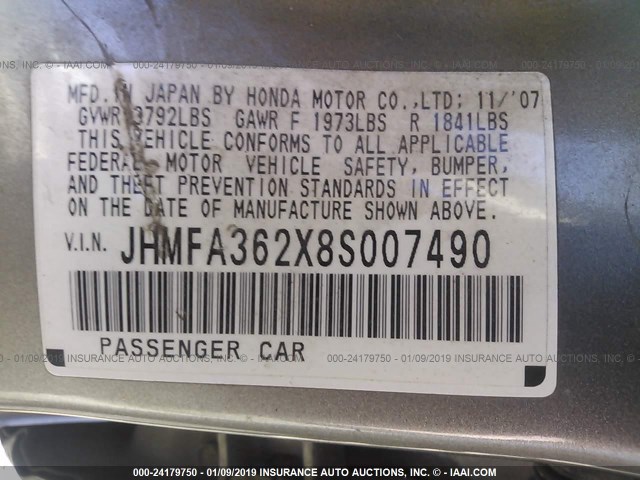 JHMFA362X8S007490 - 2008 HONDA CIVIC HYBRID GRAY photo 9