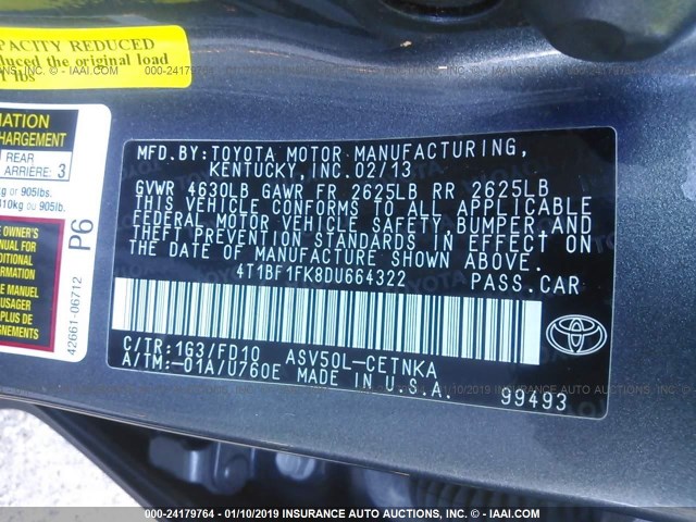 4T1BF1FK8DU664322 - 2013 TOYOTA CAMRY L/SE/LE/XLE 灰色 照片 9