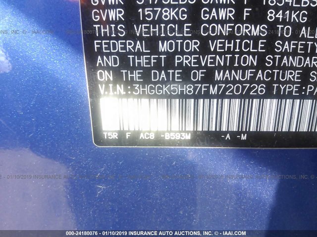 3HGGK5H87FM720726 - 2015 HONDA FIT EX/EXL BLUE photo 9