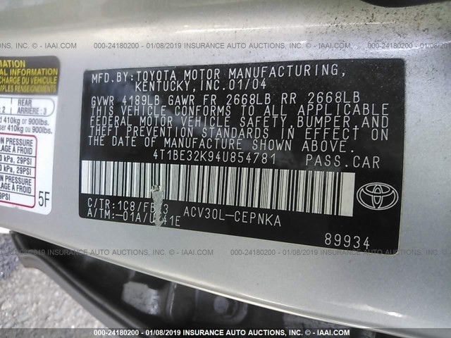 4T1BE32K94U854781 - 2004 TOYOTA CAMRY LE/XLE/SE SILVER photo 9
