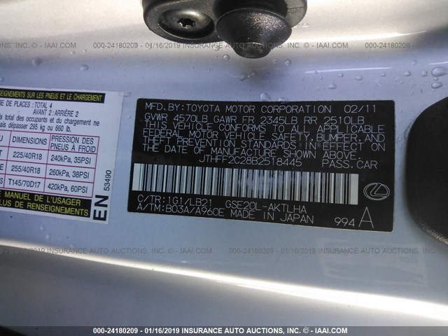 JTHFF2C28B2518445 - 2011 LEXUS IS 250 SILVER photo 9