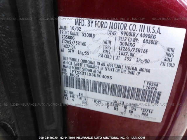 1FTSX31LX3EB04095 - 2003 FORD F350 SRW SUPER DUTY RED photo 9