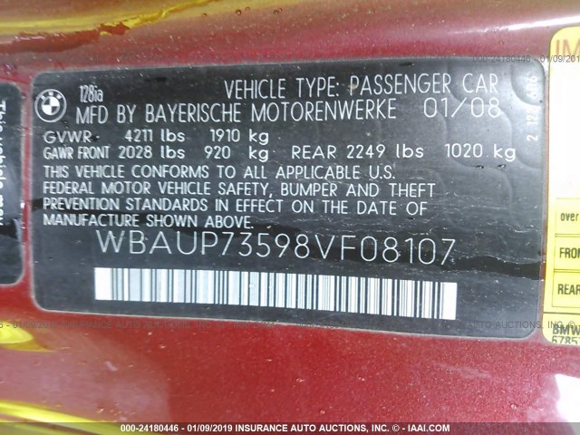 WBAUP73598VF08107 - 2008 BMW 128 I RED photo 9