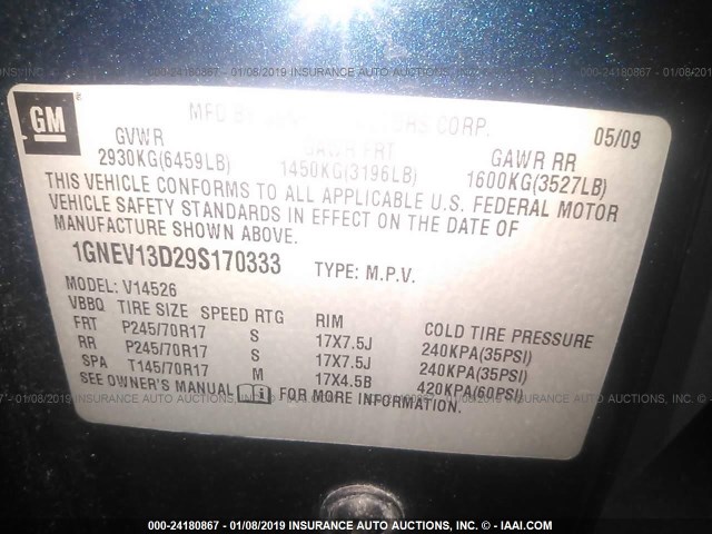 1GNEV13D29S170333 - 2009 CHEVROLET TRAVERSE LS Dark Blue photo 9