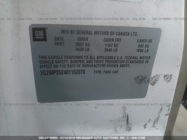 2G2WP552481162070 - 2008 PONTIAC GRAND PRIX თეთრი ფოტო 9