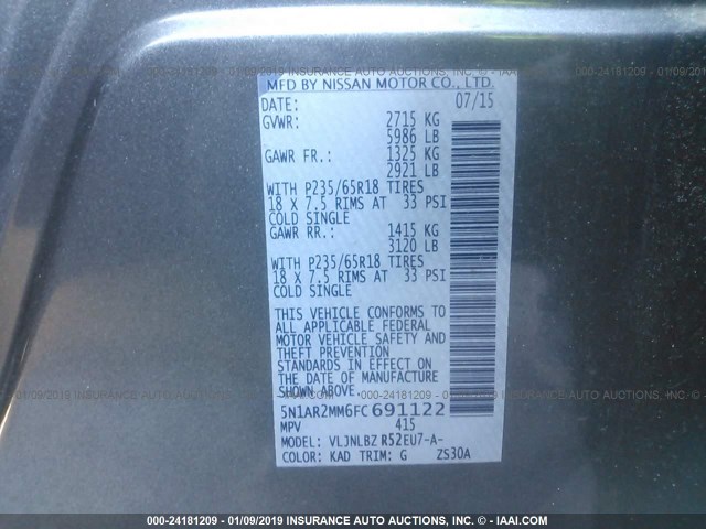 5N1AR2MM6FC691122 - 2015 NISSAN PATHFINDER S/SV/SL/PLATINUM GRAY photo 9