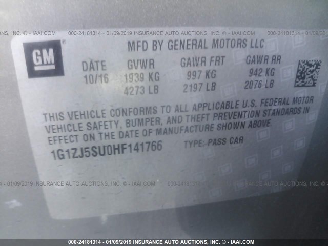 1G1ZJ5SU0HF141766 - 2017 CHEVROLET MALIBU HYBRID SILVER photo 9