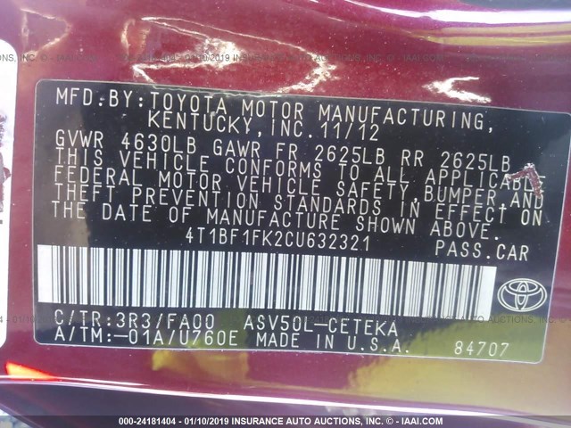 4T1BF1FK2CU632321 - 2012 TOYOTA CAMRY SE/LE/XLE 红色 照片 9