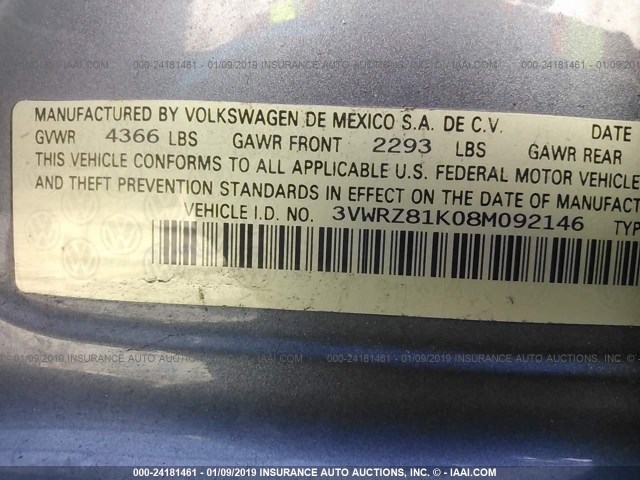 3VWRZ81K08M092146 - 2008 VOLKSWAGEN JETTA SE/SEL GRAY photo 9