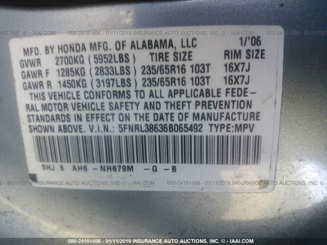 5FNRL38636B065492 - 2006 HONDA ODYSSEY EXL SILVER photo 9