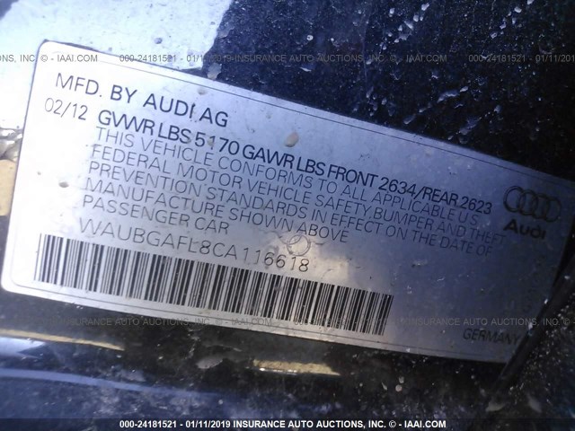 WAUBGAFL8CA116618 - 2012 AUDI S4 PREMIUM PLUS BLACK photo 9