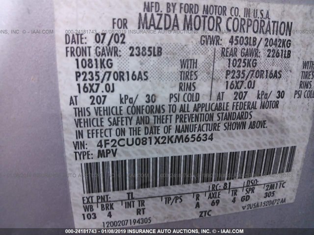 4F2CU081X2KM65634 - 2002 MAZDA TRIBUTE LX/ES 银色 照片 9