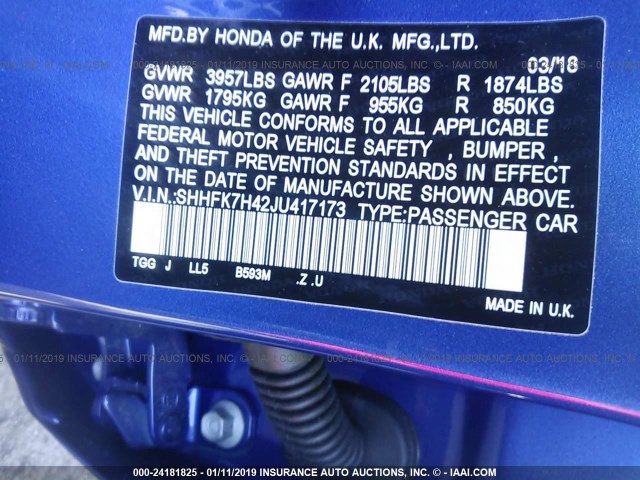 SHHFK7H42JU417173 - 2018 HONDA CIVIC SPORT BLUE photo 9