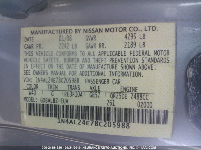 1N4AL24E78C205988 - 2008 NISSAN ALTIMA 2.5S GRAY photo 9