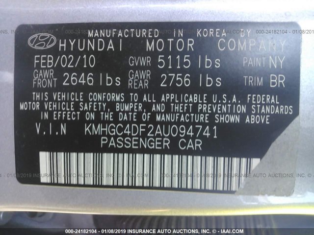 KMHGC4DF2AU094741 - 2010 HYUNDAI GENESIS 4.6L SILVER photo 9