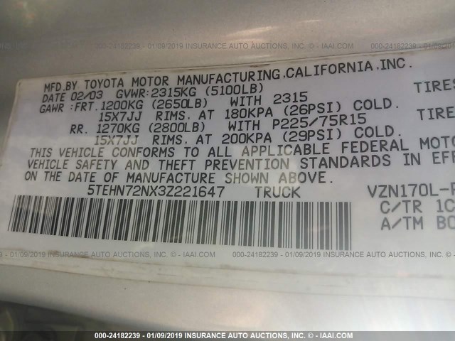 5TEHN72NX3Z221647 - 2003 TOYOTA TACOMA DOUBLE CAB 银色 照片 9