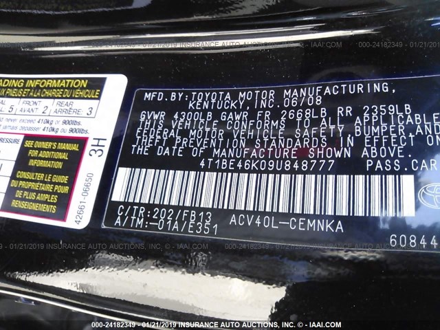 4T1BE46K09U848777 - 2009 TOYOTA CAMRY SE/LE/XLE BLACK photo 9